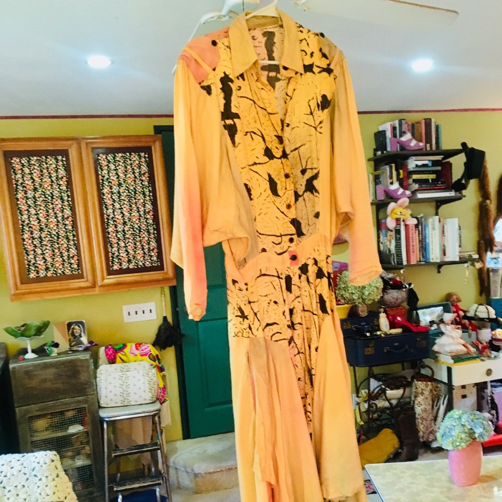 1980s rayon, abstract print sunset dress